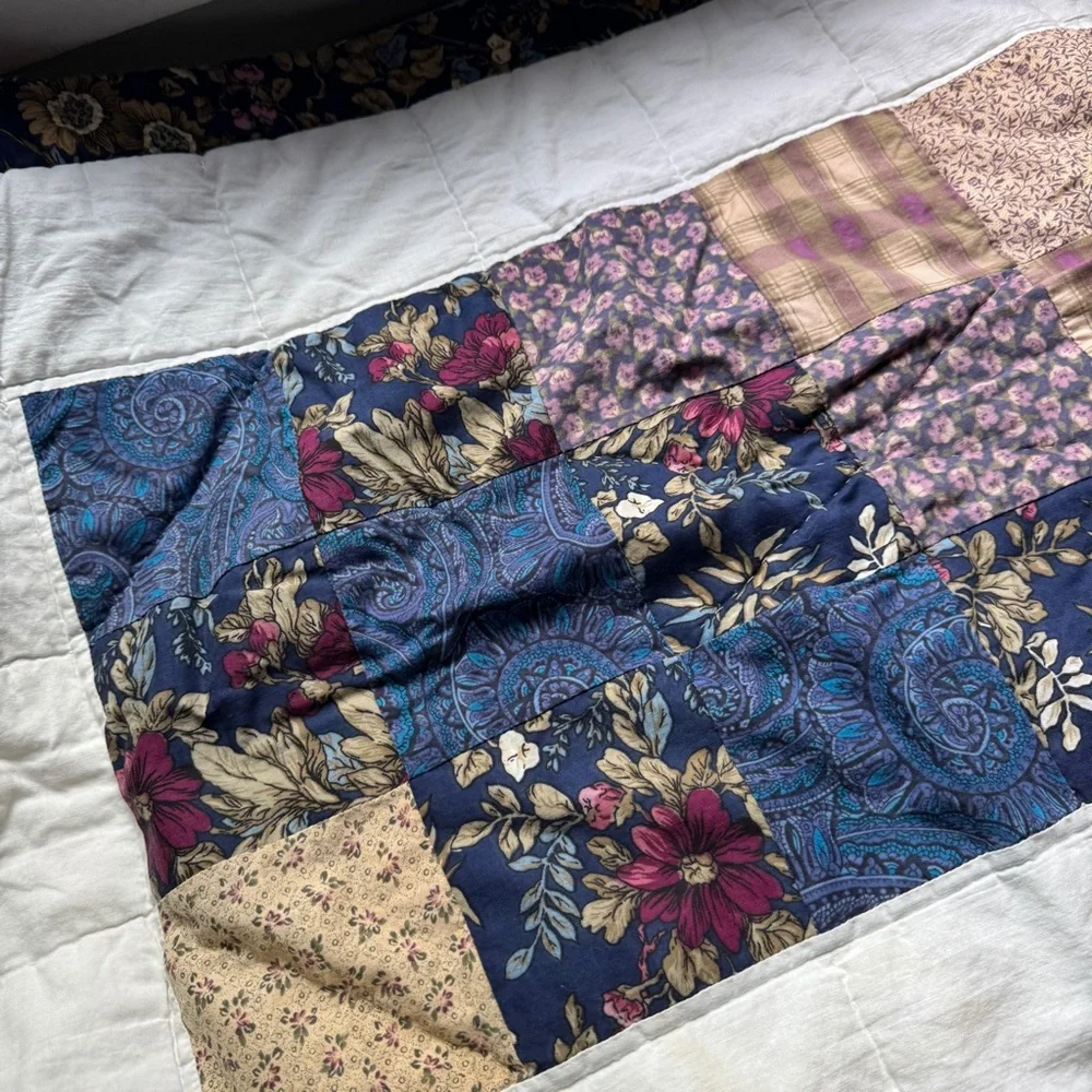 Patchwork Quilted Pillow Sham Country Cottage Floral Blue Beige pillowcase large